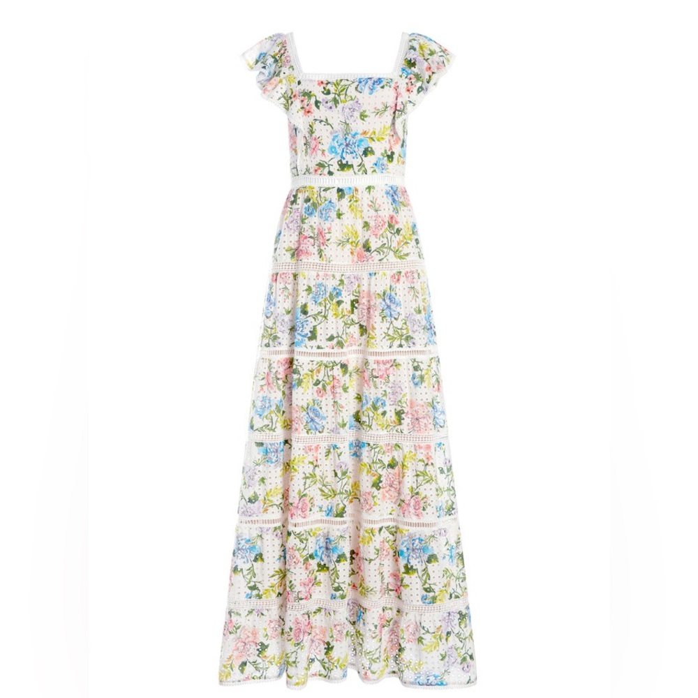 Alice + Olivia Ilana Floral Ruffle Lace Maxi Dress in Gardenia